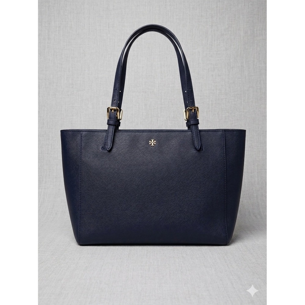 Tory Burch‎ Emerson Small Buckle Tote Navy Blue Saffiano Leather Handbag